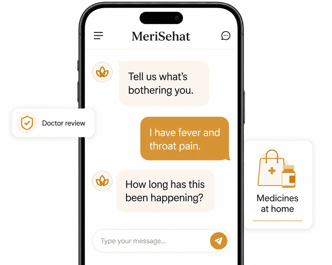 MeriSehat chat-based symptom check with doctor review from home