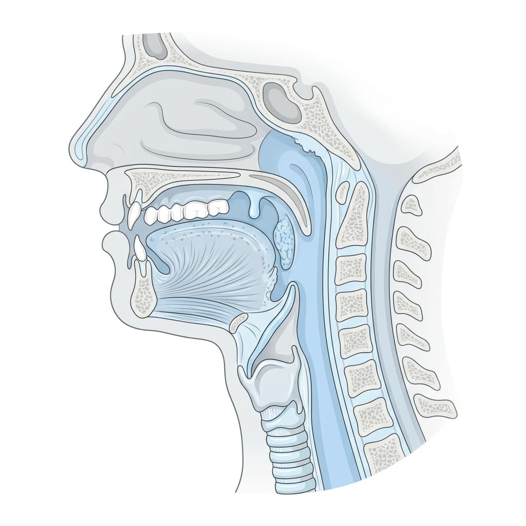 Anatomy of the throat showing the tonsils, tongue, uvula and pharynx