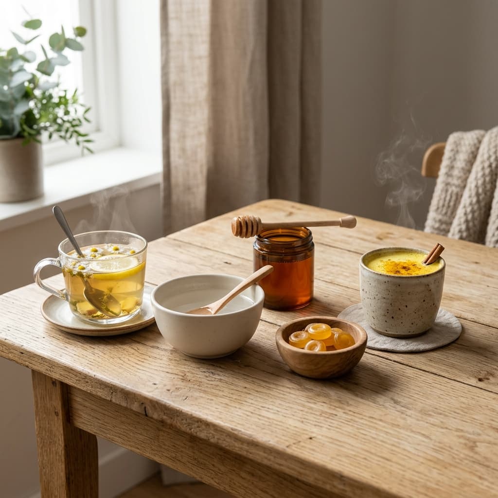 Home remedies for sore throat including warm tea with honey, salt water, throat lozenges, and turmeric milk