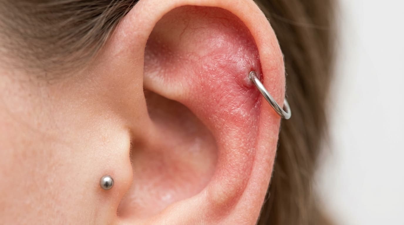 Close-up photograph of irritated, red skin around an ear piercing indicating an allergic reaction