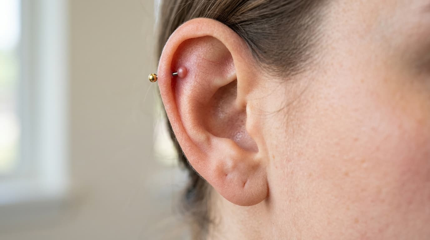 Close-up photograph of a human ear with a small piercing bump