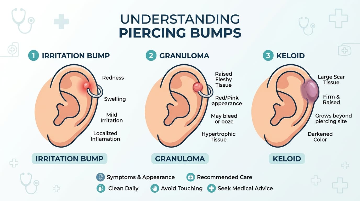 Medical illustration showing different types of ear piercing bumps