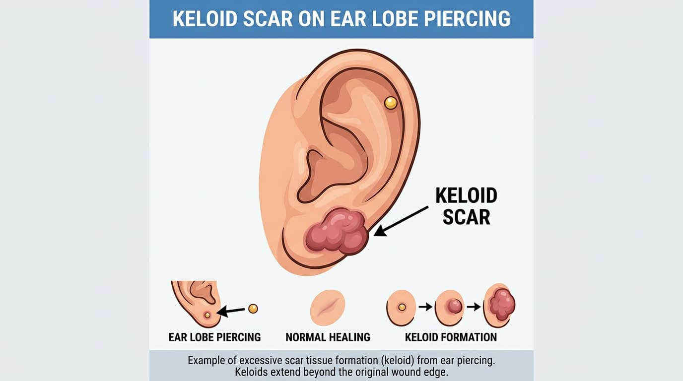 Clear medical illustration of a firm keloid scar on an ear lobe piercing