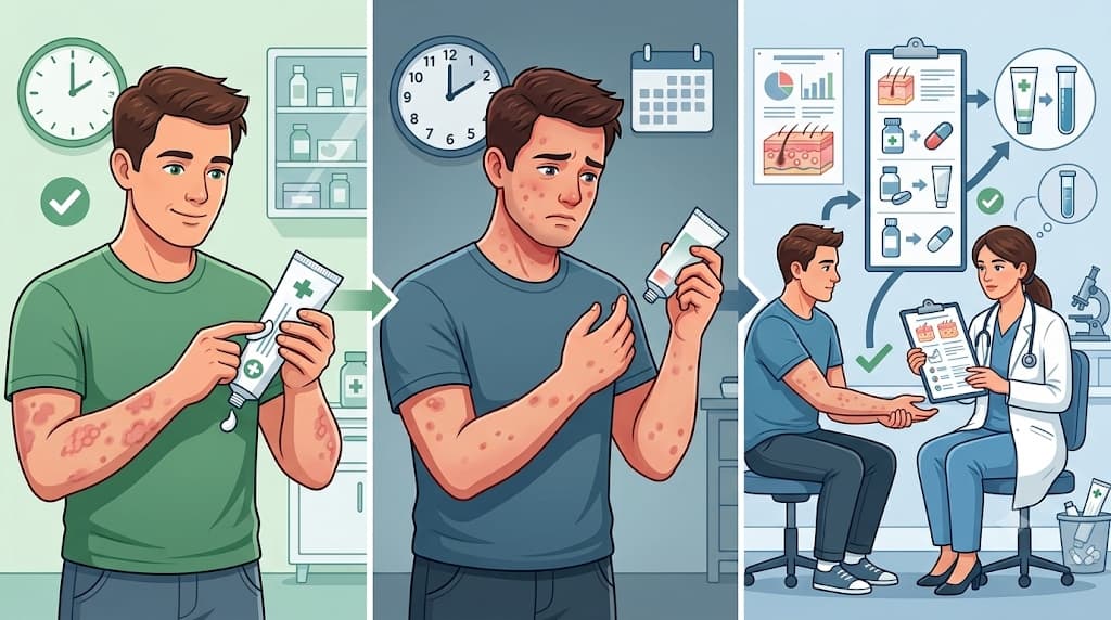 Illustration showing the progression from applying cream, to worsening rash, to getting a doctor assessment and treatment reassessment