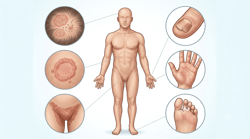 Medical illustration showing the common types of fungal skin infections by body area — scalp ringworm, ringworm on the body, jock itch, fungal nail infection, and athlete's foot
