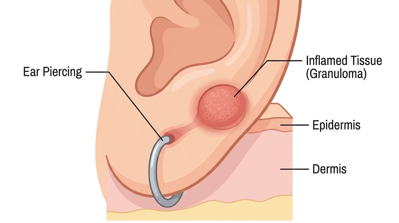 Clear medical illustration of a granuloma around an ear piercing