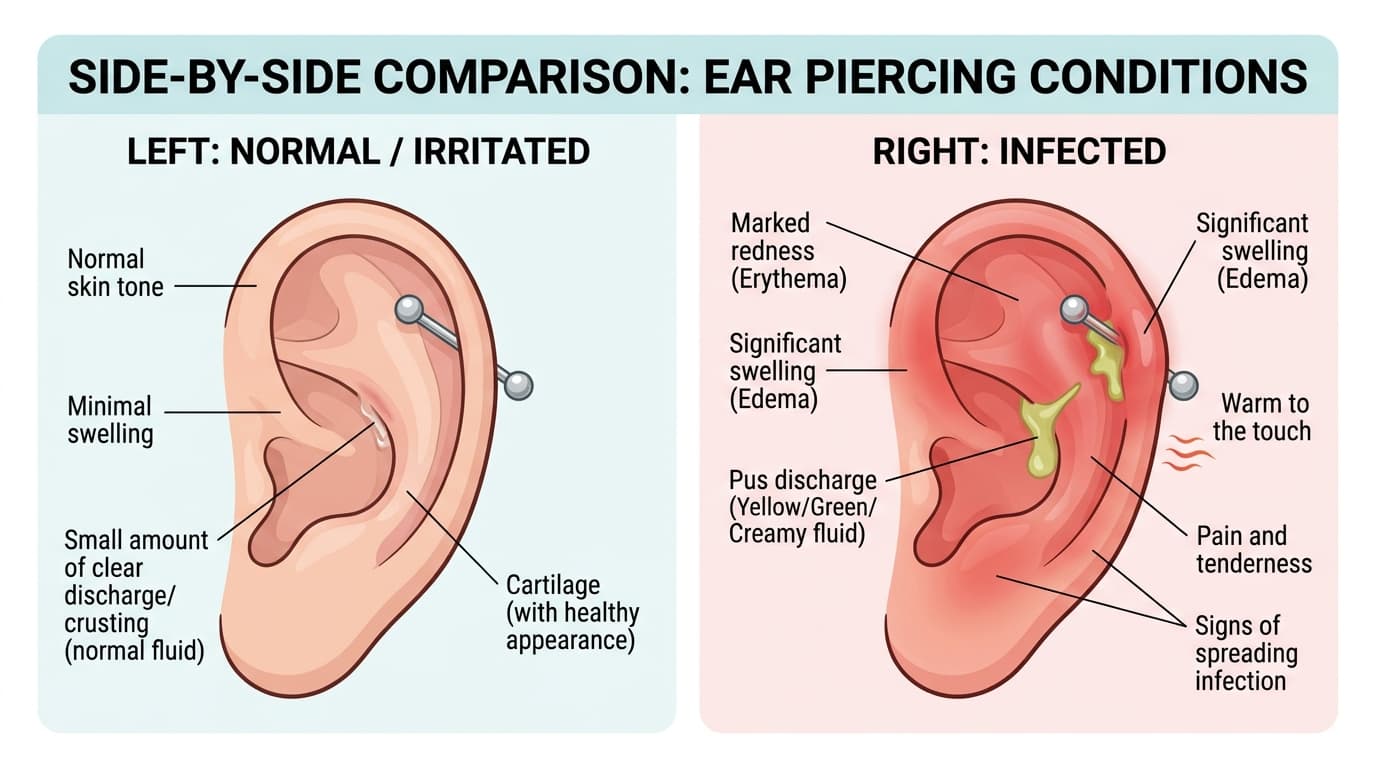 Side-by-side medical illustration comparing normal irritated piercing versus infected piercing